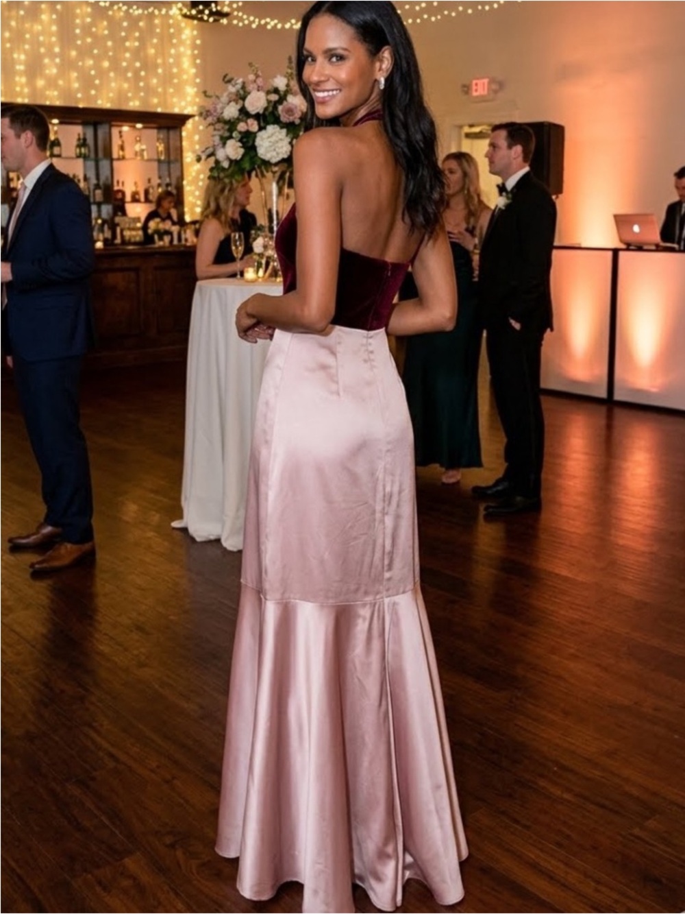 Lulu's Strapless Two-Tone Satin Gown in Wine and Blush - Picture 3 of 13